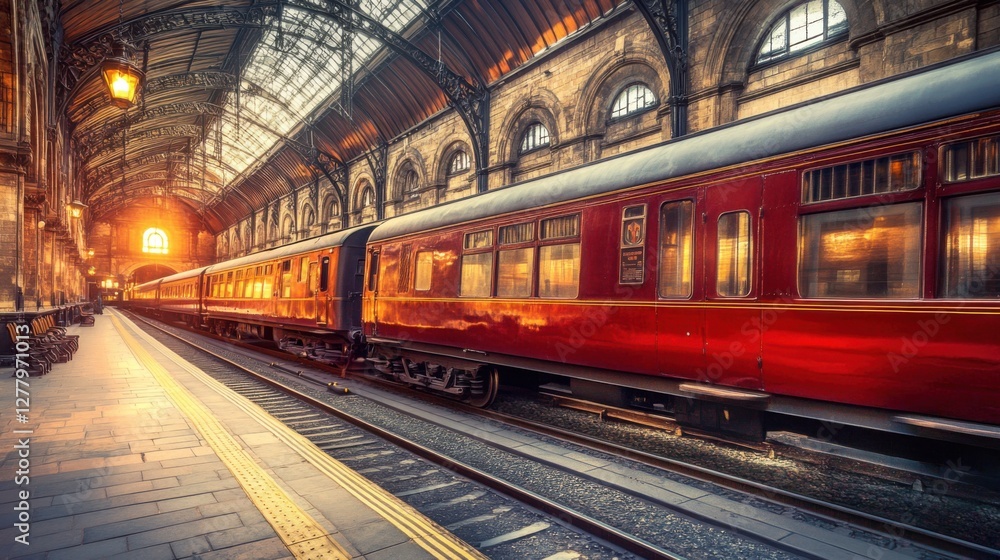 Fototapeta premium Nostalgic Train Station Interior at Sunset with Vintage Carriages and Beautiful Architecture