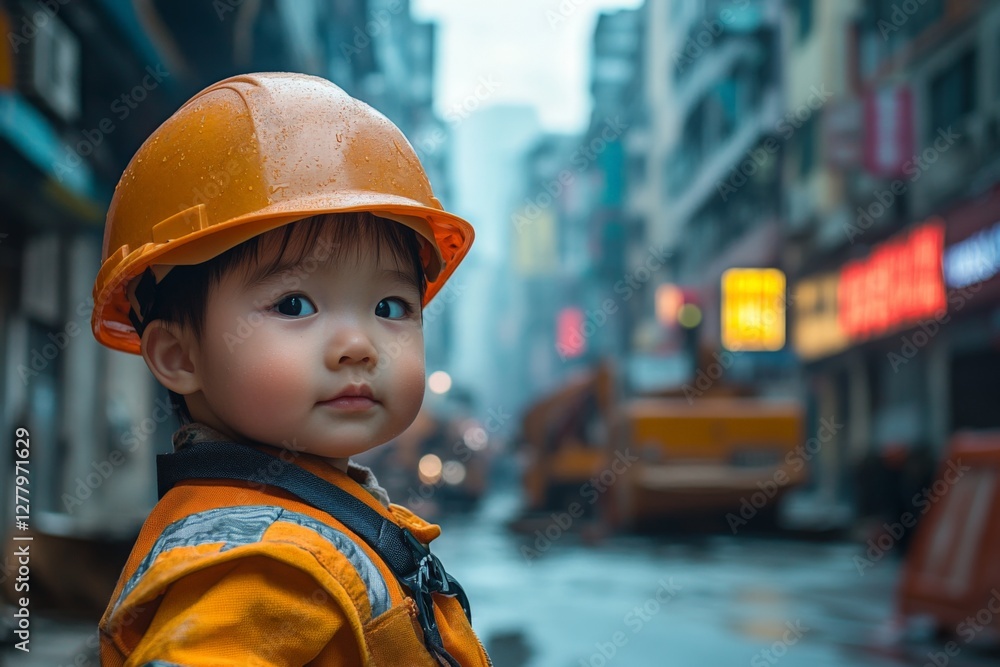 Little construction worker exploring a vibrant urban environment on a rainy day in the city Little construction worker exploring a vibrant urban environment on a rainy day in the city