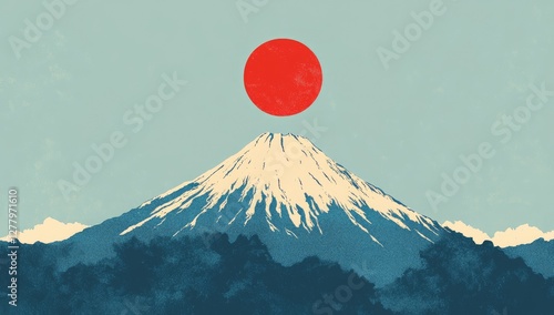 Japanese Mountain, Red Sun, Peaceful Scenery