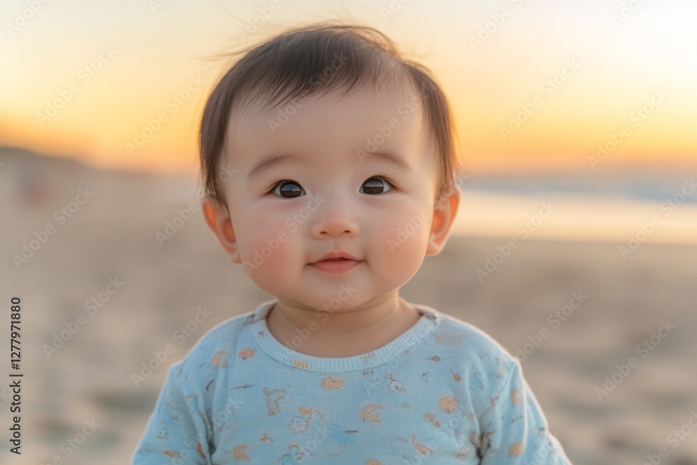 Baby enjoys sunset at the beach with golden skies and soft sand in the background Baby enjoys sunset at the beach with golden skies and soft sand in the background