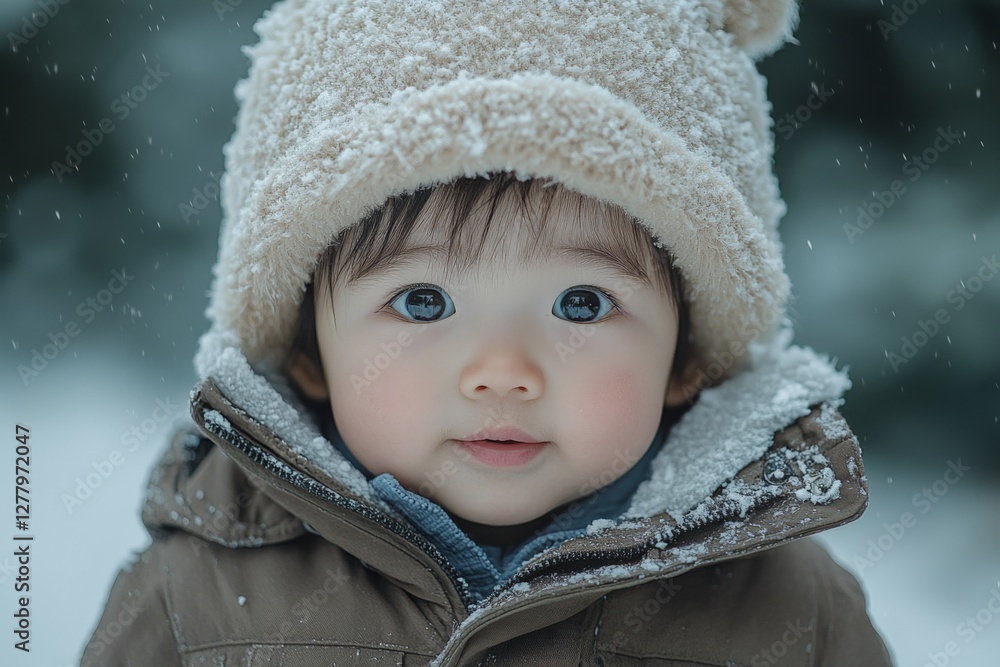Child enjoying winter wonderland with snowflakes falling in the background Child enjoying winter wonderland with snowflakes falling in the background