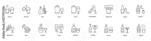 Vector Icons Set - Pilsner, Pale Ale, Rum, Stout, Porter, Champagne, Amber Ale, Saison, Liqueur, Barleywine, Bock, Cognac, Gose, Whiskey, Sangria, Scotch, Vodka, Mezcal