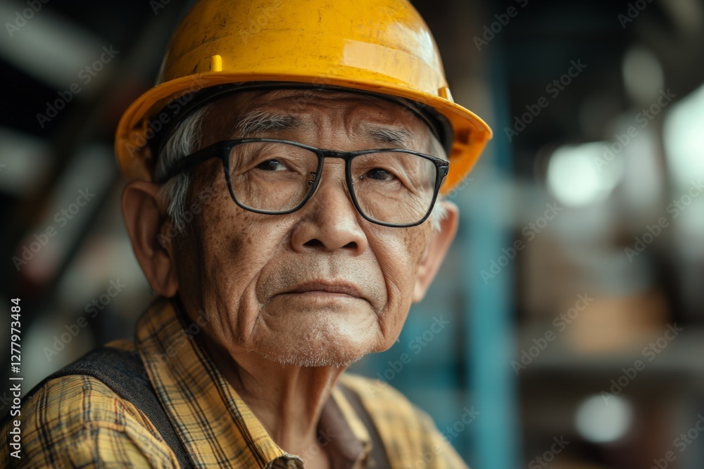 Senior worker in yellow safety helmet reflects on years of experience in a bustling workshop Senior worker in yellow safety helmet reflects on years of experience in a bustling workshop