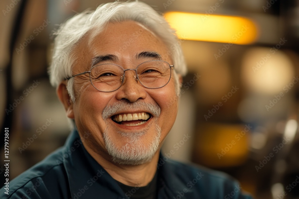 Smiling elderly man in workshop with tools and warm lighting during late afternoon Smiling elderly man in workshop with tools and warm lighting during late afternoon