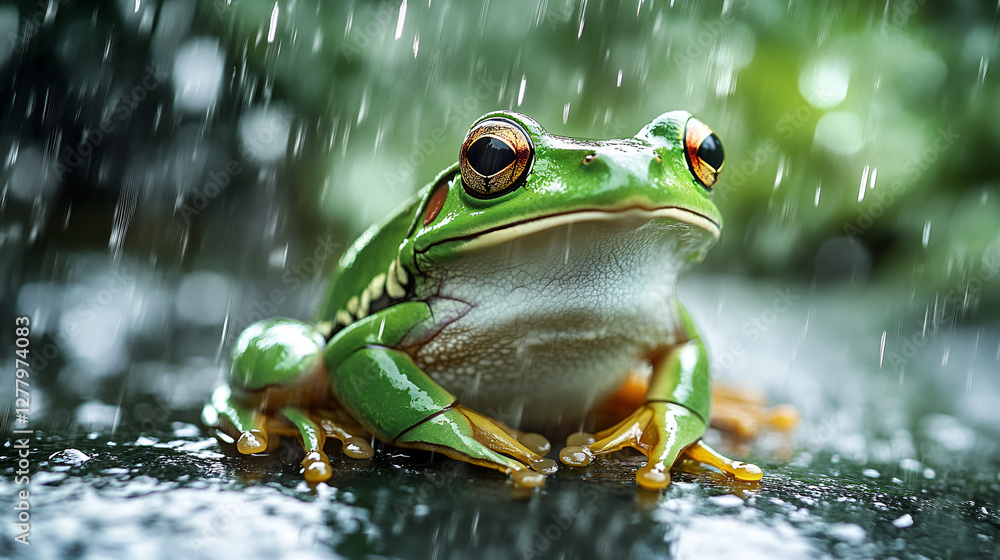 Red-eyed Tree Frog shelter from the heavy rain ai generative Red-eyed Tree Frog shelter from the heavy rain ai generative