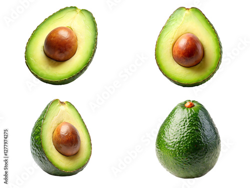 Avocado set, Avocado with half slices, and avocado collections isolated