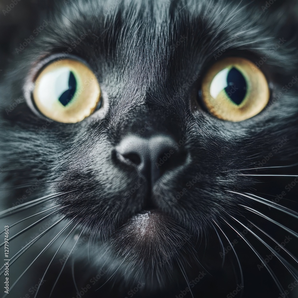 Mesmerizing Yellow Eyed Black Cat Portrait with Intricate Whiskers and Expressive Gaze Close Up Mesmerizing Yellow Eyed Black Cat Portrait with Intricate Whiskers and Expressive Gaze Close Up