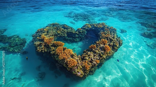 A stunning heart-shaped reef in shallow crystal-clear ocean waters
