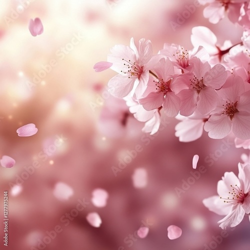 Delicate pink cherry blossom branch with petals falling in soft light a dreamy spring scene