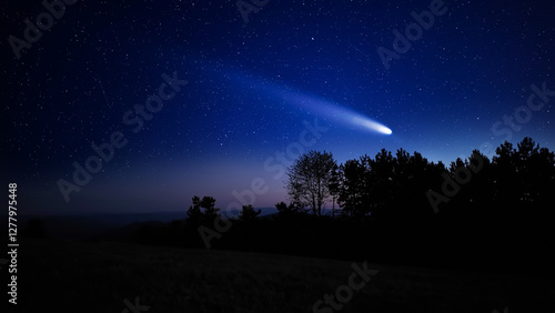 Milky Way stars, planets, comets and meteor shower trails and countryside tree silhouettes.