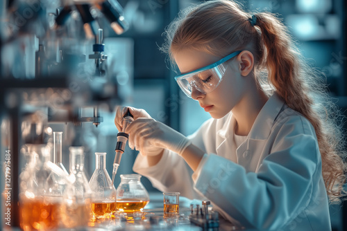 Young Girl Conducting a Chemistry Experiment in a Modern Science Laboratory – Celebrating International Day of Women and Girls in Science