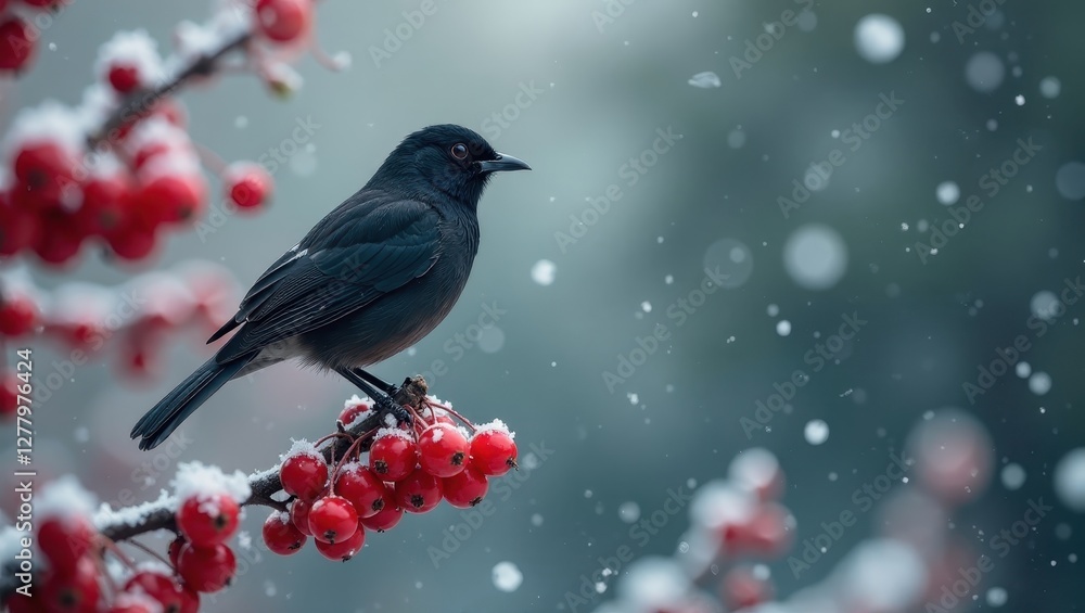 Fototapeta premium A solitary black bird perched on a snow-dusted branch laden with vibrant red berries, amidst a gentle snowfall, creating a serene winter scene.