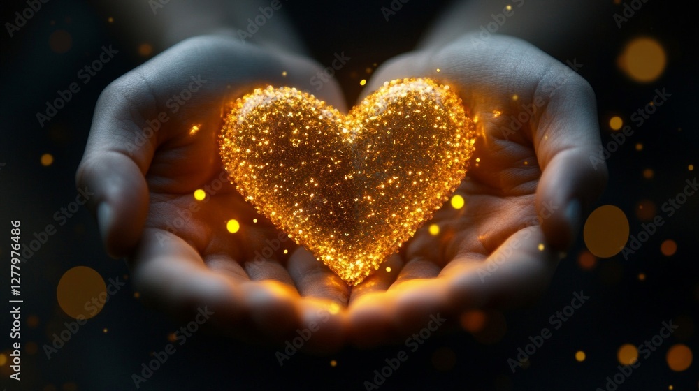 Golden Heart Glowing in Hands Dark Background Golden Heart Glowing in Hands Dark Background