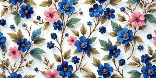 Elegant floral pattern with blue and pink blossoms, intricate branch details, and berry accents on a white background
