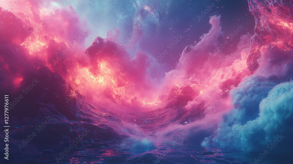Fototapeta premium Otherworldly fantasy sky glowing with pink and blue celestial clouds resembling a cosmic explosion