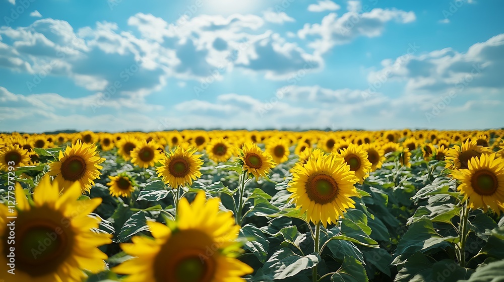 Fototapeta premium Sunflower Field Under Bright Blue Sky with Clouds on a Sunny Day
