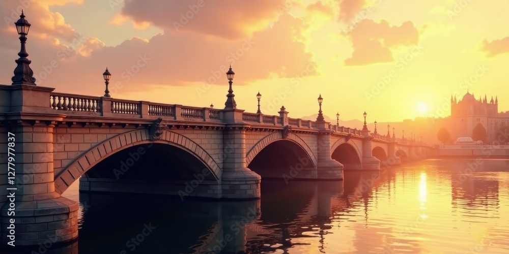 Serene Sunset View of an Elegant Stone Bridge Arching Over a Calm River at Golden Hour Serene Sunset View of an Elegant Stone Bridge Arching Over a Calm River at Golden Hour