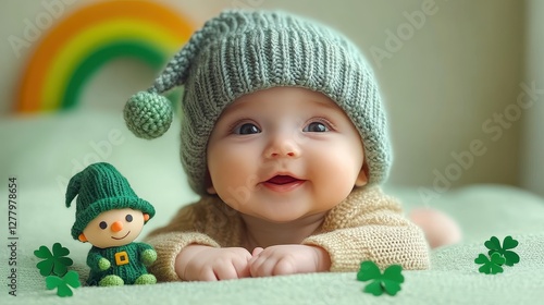 A baby in a green strip outfit playing Gnome model toy, wearing a green knitted and shamrock hat The entire scene has a festive St. Patrick's Day theme, highlighted by the green color and clover motif