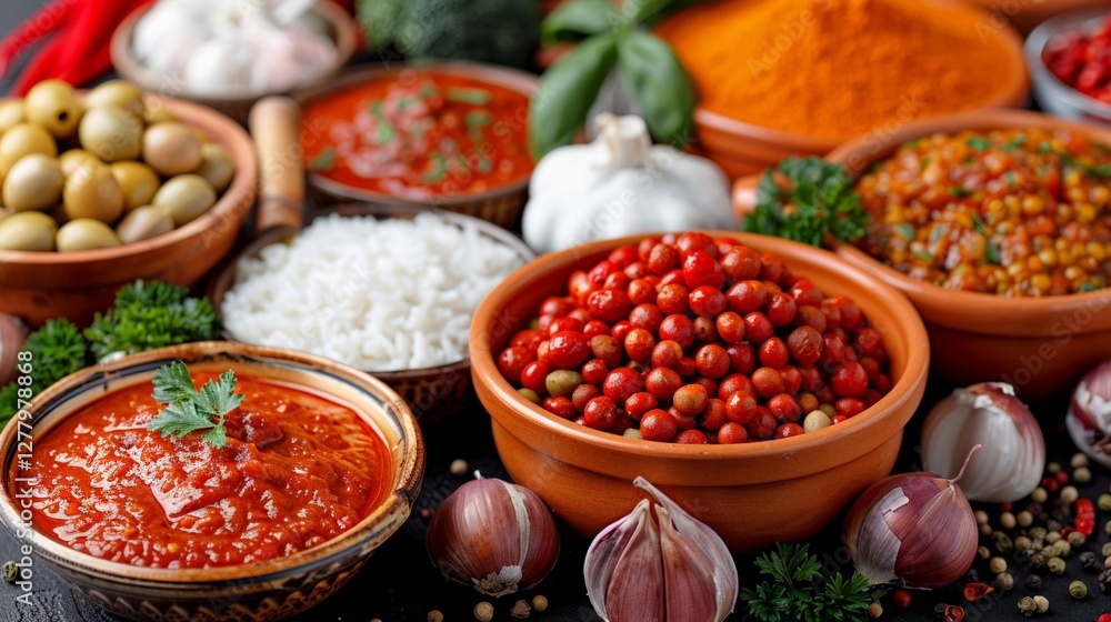Assorted mediterranean cuisine with olives, spices, and garnished dishes Assorted mediterranean cuisine with olives, spices, and garnished dishes
