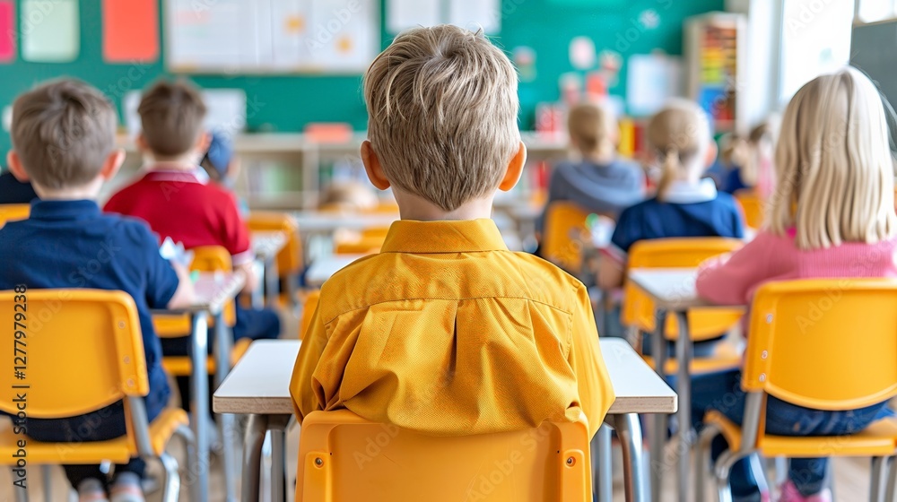 Young caucasian children in classroom learning environment with colorful furniture Young caucasian children in classroom learning environment with colorful furniture