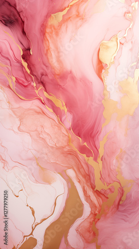 vertical abstract background pink alcohol ink with gold liquid paint splashes. imitation marble pattern liquid paint