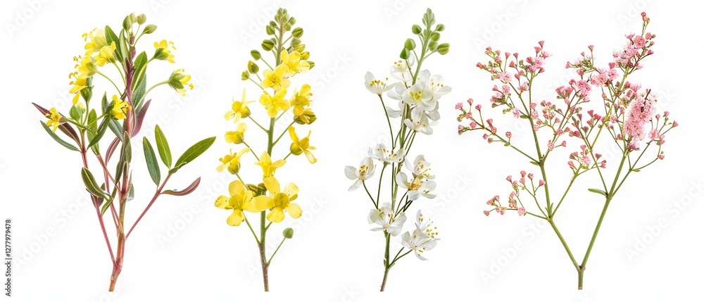 Isolated floral set: small sprigs of yellow Berberis Thunbergii, pink Chamelaucium, and white gypsophila for modern botanical design Isolated floral set: small sprigs of yellow Berberis Thunbergii, pink Chamelaucium, and white gypsophila for modern botanical design