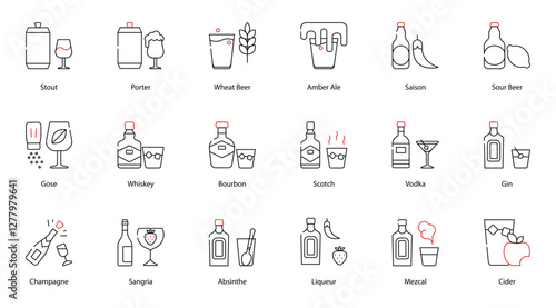 Vector Icons Set - Stout, Wheat Beer, Amber Ale, Saison, Sour Beer, Whiskey, Bourbon, Scotch, Vodka, Gin, Champagne, Sangria, Absinthe, Liqueur, Mezcal, Cider