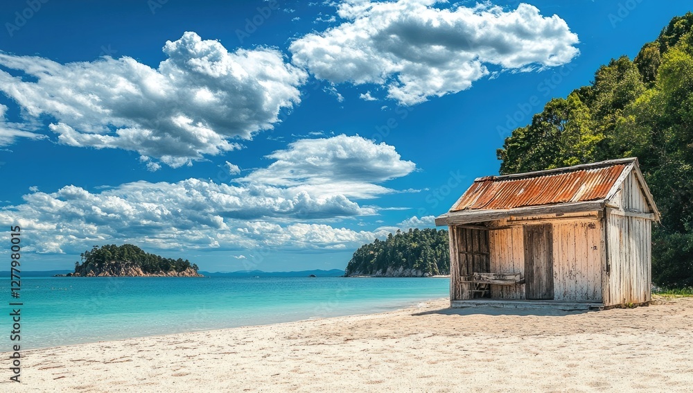 Beach hut on idyllic sandy shore, turquoise water, islands in background Beach hut on idyllic sandy shore, turquoise water, islands in background