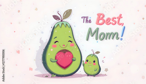 Cute modern cartoon of smiling avocado mother and baby holding heart-shaped seed for Mother's Day