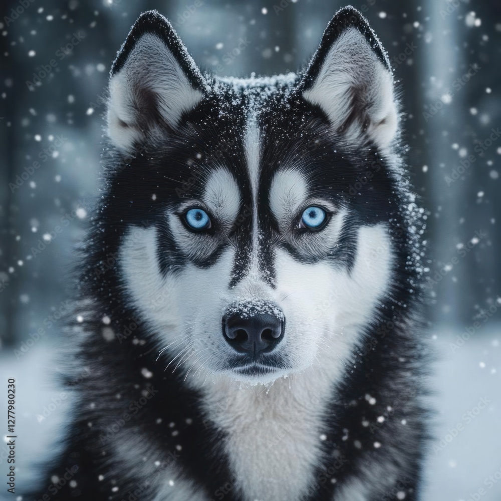 Stunning Close-Up of a Black and White Siberian Husky with Blue Eyes in Fresh Snow Stunning Close-Up of a Black and White Siberian Husky with Blue Eyes in Fresh Snow