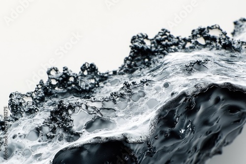 Abstract black and white textured landscape with bubbles and crevices, resembling a frozen wave or volcanic rock. photo