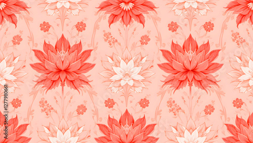 Classic soft pattern illustration with pastel coral intricate floral motif of lotuses and gently curved divider lines