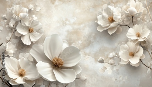 Beige wall mural, 3D white flowers, petals, design