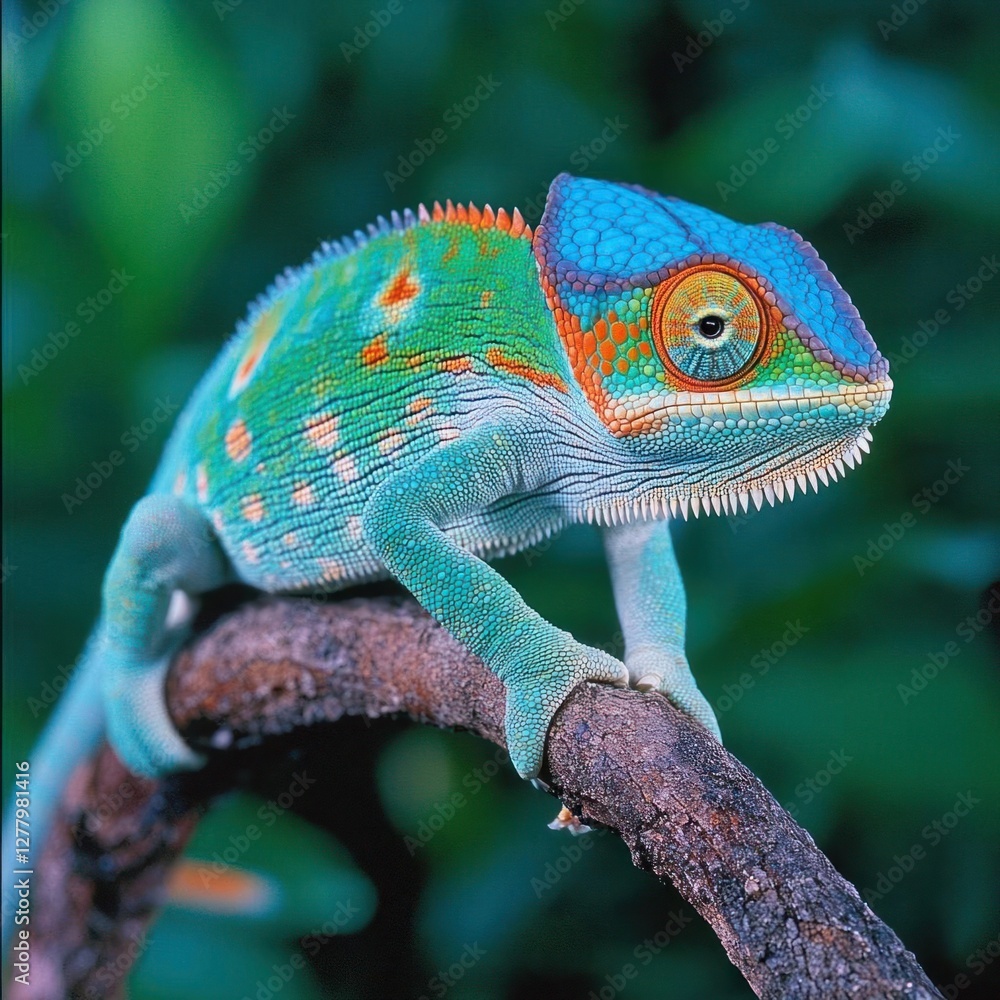 Obraz premium Stunning Close-Up of a Vibrant Chameleon on a Twisted Branch Showcasing Intricate Green, Blue, and Orange Scales