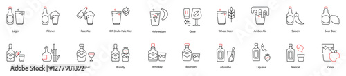 Vector Icons Set - Lager, Pale Ale, IPA (India Pale Ale), Hefeweizen, Gose, Wheat Beer, Amber Ale, Whiskey, Bourbon, Absinthe