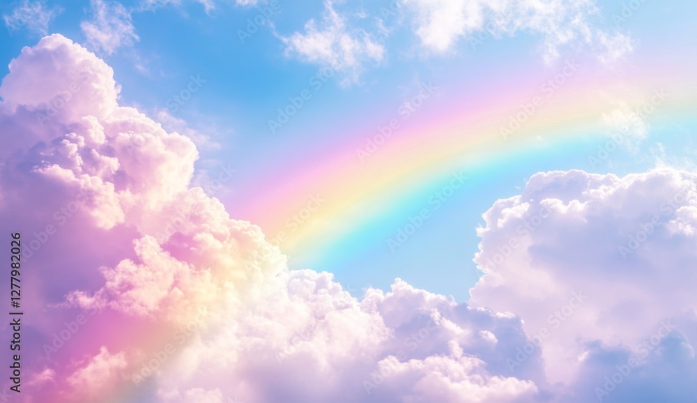Pastel Rainbow Arcing Through Fluffy Cloudscape Pastel Rainbow Arcing Through Fluffy Cloudscape