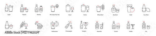 Vector Icons Set - Lager, Tequila, Brandy, IPA (India Pale Ale), Stout, Porter, Wheat Beer, Bourbon, Cider, Sour Beer, Brown Ale, Barleywine, Bock, Hefeweizen, Champagne, Sangria, Absinthe, Scotch 