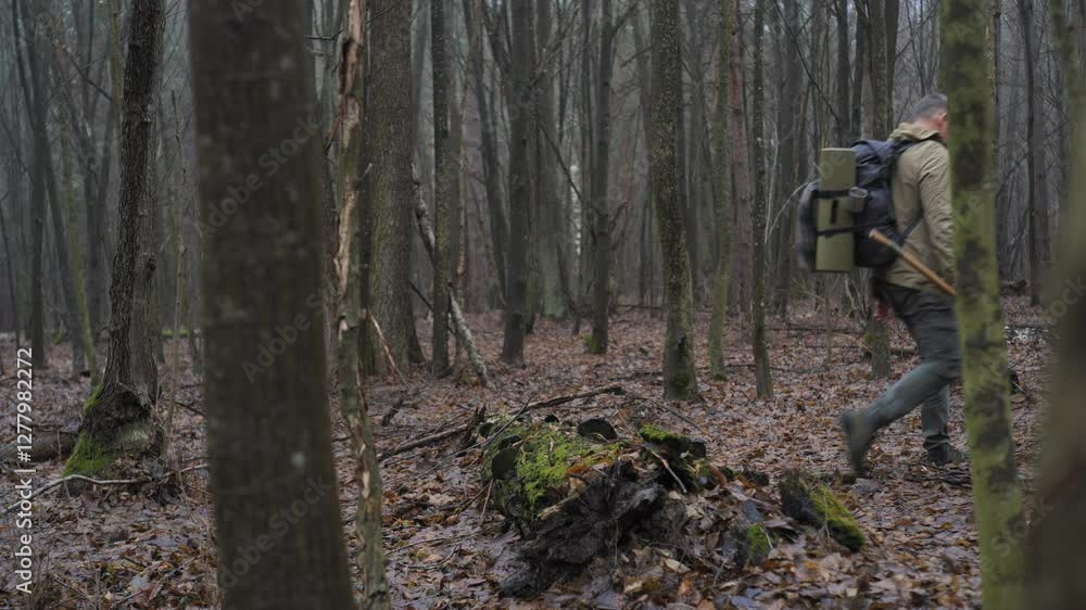 A hiker navigates through a dense, misty forest during the early morning. The scene showcases a blend of nature's tranquility and the challenge of the terrain. A hiker navigates through a dense, misty forest during the early morning. The scene showcases a blend of nature's tranquility and the challenge of the terrain.