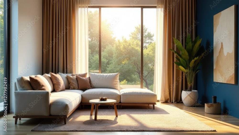 Fototapeta premium Serene Living Room with Sunlight Streaming Through Large Windows and Neutral Decor