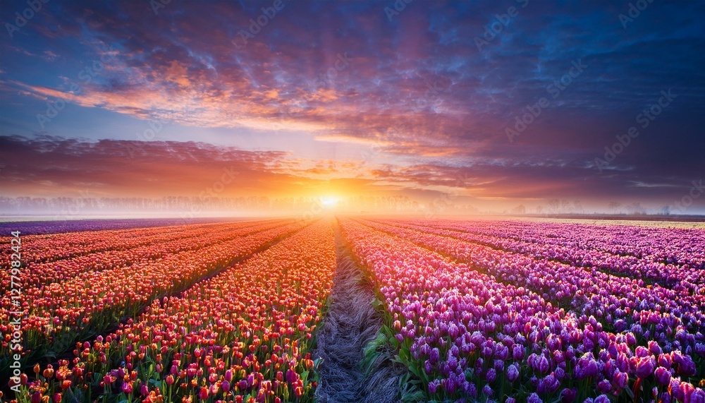 Obraz premium Close-Up of flower bed with variegated red Tulips in Garden, flower, beauty, sunset