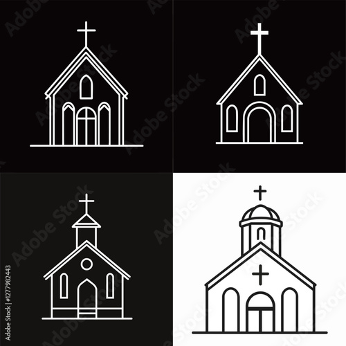 Minimalist Easter 2025 church icon, with a cross, monochrome, simple architecture outline, vector style