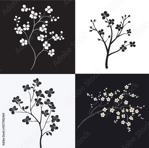 Minimalist Easter 2025 tree branch icon with blossoms, monochrome, delicate lines, flat vector design