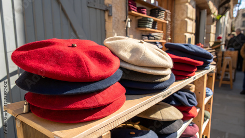 Red and blue berets in a street shop