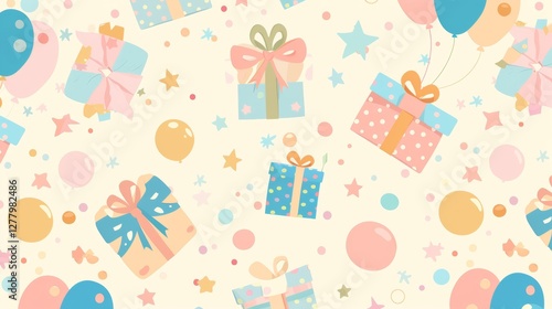 Pastel birthday gift boxes and balloons seamless pattern