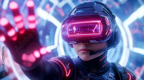 Futuristic Gamer with VR Headset in High-Tech Digital Environment photo