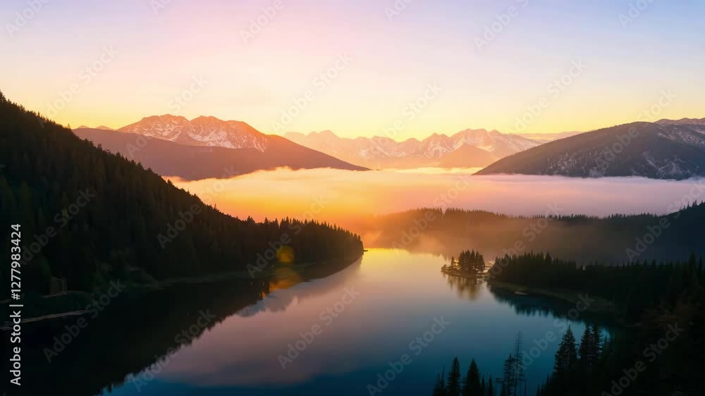 Serene sunrise over a tranquil mountain lake with golden reflections on the calm water Serene sunrise over a tranquil mountain lake with golden reflections on the calm water
