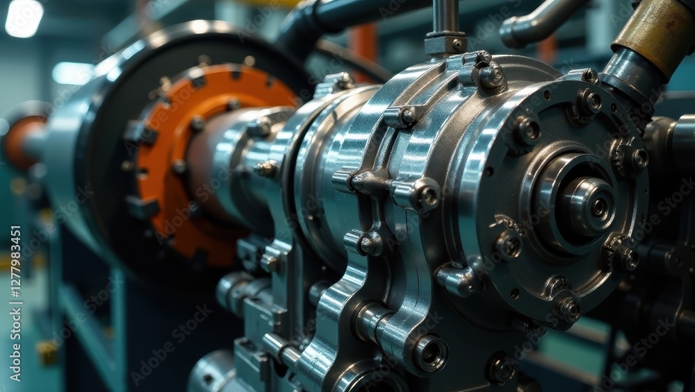 Close-up view of industrial machinery components, showcasing intricate metallic details and polished surfaces, highlighting the precision engineering and robust construction of the equipment Close-up view of industrial machinery components, showcasing intricate metallic details and polished surfaces, highlighting the precision engineering and robust construction of the equipment
