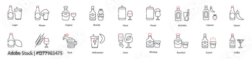Vector Icons Set - Lager, Sour Beer, Pilsner, Barleywine, Cognac, Brandy, Liqueur, Saison, Bourbon, Scotch