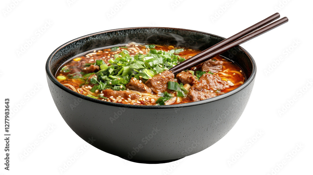A steaming bowl of spicy beef noodle soup garnished with fresh herbs. transparent background A steaming bowl of spicy beef noodle soup garnished with fresh herbs. transparent background
