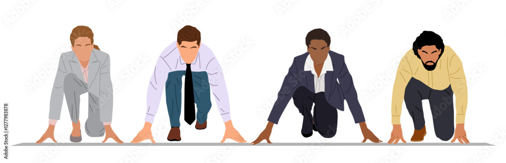Diverse business people ready to competition on starting line. Start up business concept. African american, black, latin, european men, women in formal outfits. Vector colorful illustration isolated. Diverse business people ready to competition on starting line. Start up business concept. African american, black, latin, european men, women in formal outfits. Vector colorful illustration isolated.